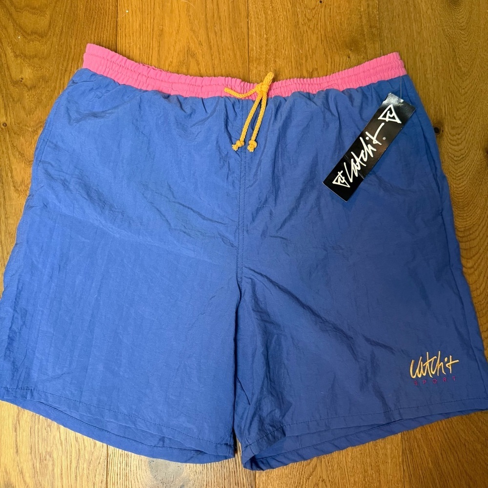 NWT Vintage 80s/90s Catchit Men’s Swim Trunks Blue Pink Sz XL